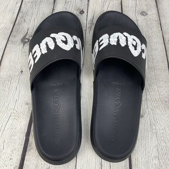 Alexander McQueen Graffiti Rubber Pool Slides Black White Sandals Size 45 / 11 main image 7